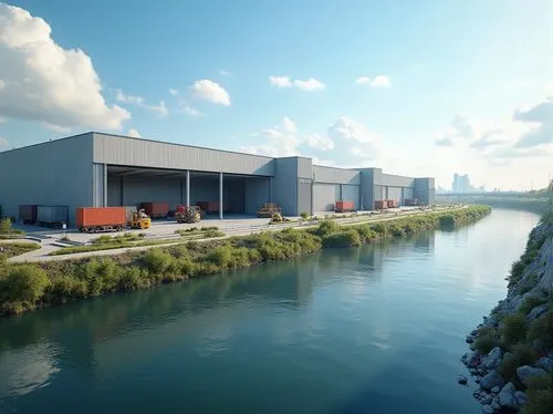 zidell,hydropower plant,epfl,heavy water factory,shipping containers,inland port,3d rendering,usine,river side,autostadt wolfsburg,warehouses,renderings,boathouses,duwamish,industrielle,aqua studio,sewage treatment plant,industrial landscape,terneuzen-gent canal,malopolska breakthrough vistula,Photography,General,Realistic