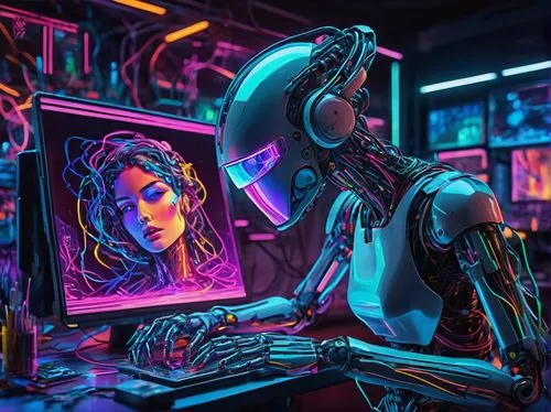 cyberpunk,girl at the computer,computer art,cyber,computer,cyberspace,computer addiction,computer freak,man with a computer,computer room,digiart,cyber glasses,trip computer,compute,computer game,operator,neon coffee,neon body painting,80s,the computer screen,Conceptual Art,Oil color,Oil Color 24