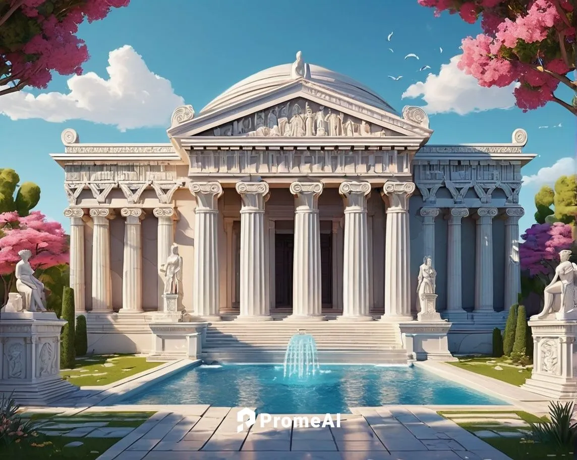 Ancient Greek temple, classical architecture, grandiose columns, ornate carvings, intricate marble details, symmetrical facade, pediment with sculptures, architrave with moldings, frieze with metopes 