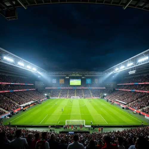 Green grass soccer field, floodlight illumination, towering stadium stands, cheering crowds, vibrant team colors, modern architecture, sleek metal structures, transparent roofing, retractable roofs, L