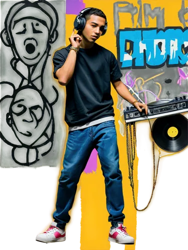 Headphones, microphone, DJ console, vinyl records, urban background, graffiti walls, dim lighting, neon signs, dynamic movement, confident posture, strong facial expression, trendy clothing, gold chai