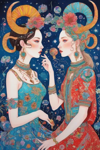 indian art,two girls,peking opera,hare krishna,radha,capricorn mother and child,gemini,oriental painting,shirakami-sanchi,gold foil art,amorous,taiwanese opera,khokhloma painting,lovers,ramayana,courtship,celestial bodies,janmastami,young women,secret garden of venus,Illustration,Abstract Fantasy,Abstract Fantasy 04