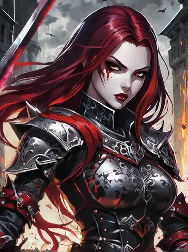 female warrior,swordswoman,massively multiplayer online role-playing game,black widow,huntress,heroic fantasy,red banner,darth talon,vampire woman,fire background,game illustration,evil woman,elza,red,gothic woman,sterntaler,monsoon banner,fantasy warrior,red-haired,fantasy art,Conceptual Art,Graffiti Art,Graffiti Art 09