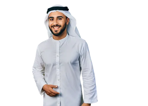 Arabian man, traditional clothing, white thawb, red gutrah, black agal, brown eyes, thick eyebrows, short beard, smiling, golden jewelry, standing, confident pose, warm lighting, shallow depth of fiel