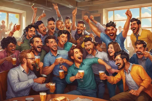 Generate a fun-filled work anniversary image capturing the team spirit and camaraderie.,drinking party,a party,popular art,fraternity,group of people,men sitting,family gathering,cartoon people,last s