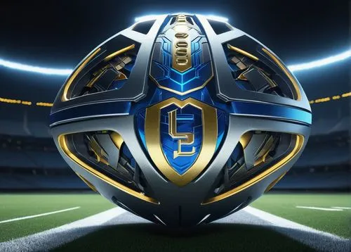 AI-generated football team logo, metallic silver and gold colors, futuristic design, glowing blue accents, bold font, dynamic shape, 3D rendering, stadium lights reflection, detailed texture, high-tec