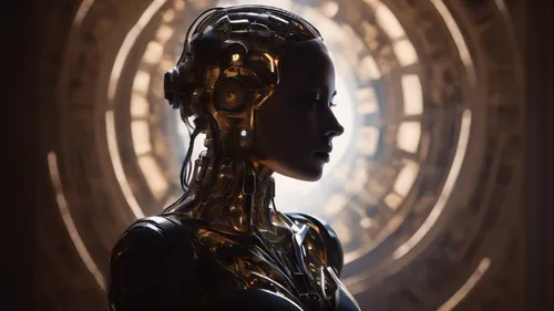 A thought-provoking image illustrating the ethical considerations of AI, perhaps showing the silhouette of a person contemplating the implications of AI technologies.,c-3po,andromeda,biomechanical,ech