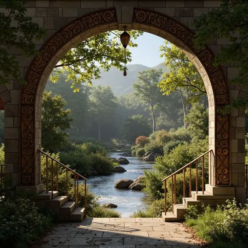 Rustic stone arches, ornate metal railings, intricately carved wooden accents, moss-covered stonework, weathered copper ornaments, natural rock formations, lush greenery surroundings, serene river flo