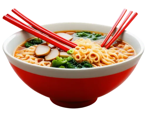 Cartoon, colorful, steaming hot, Japanese-style, ramen noodle soup, large bowl, white ceramic, red chopsticks, savory aroma, mouthwatering, solo, overhead shot, vibrant colors, comic book style, exagg