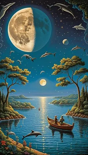 fantasy picture,dreamscapes,boat landscape,lunar landscape,moonlit night,fantasy landscape,fantasy art,dreamtime,klarwein,moonscapes,dreamscape,sea landscape,blue moon,moonbeams,lune,surrealism,moonlighted,hanging moon,an island far away landscape,coastal landscape,Conceptual Art,Daily,Daily 33