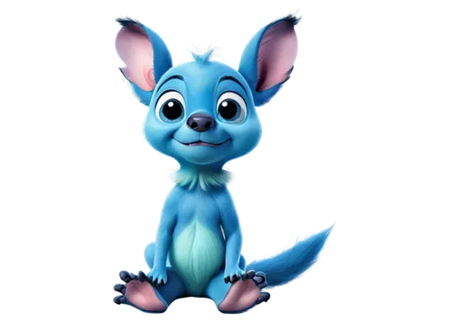 Stitch, blue alien experiment, large eyes, fluffy ears, sharp teeth, white belly, turquoise fur, sitting, crossed legs, cute expression, cartoon style, vibrant colors, soft lighting, shallow depth of 