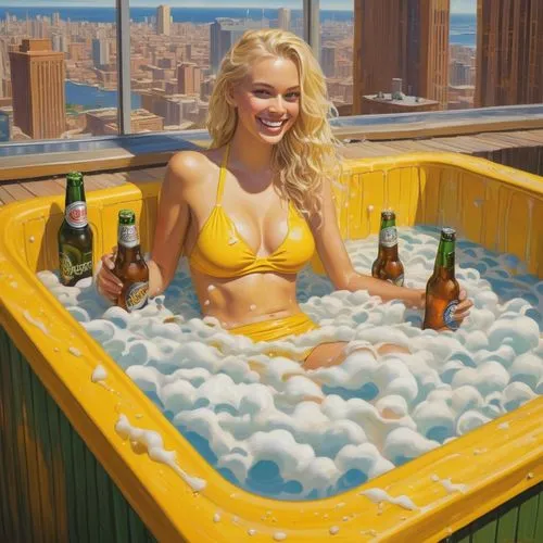 inflatable pool,pool bar,jacuzzi,summer floatation,the blonde in the river,jacuzzis,Illustration,Realistic Fantasy,Realistic Fantasy 03