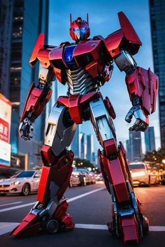 Red Ferrari Transformer, robot mode, metallic red and silver armor, glowing blue eyes, sharp angular lines, detailed mechanical structure, cityscape at dusk, skyscrapers in background, streets empty, 