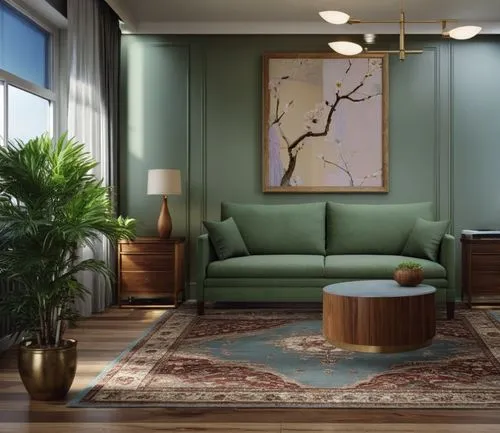 an green couch sits in front of a large painting on a wall,intensely green hornbeam wallpaper,sitting room,apartment lounge,modern living room,living room,livingroom,contemporary decor,mid century mod