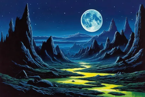 lunar landscape,moonscape,valley of the moon,moon valley,earth rise,alien planet,alien world,phase of the moon,blue moon,futuristic landscape,moonlit night,lunar,terraforming,karst landscape,ice planet,blue mountain,moonlit,moon at night,herfstanemoon,moon night,Conceptual Art,Sci-Fi,Sci-Fi 20