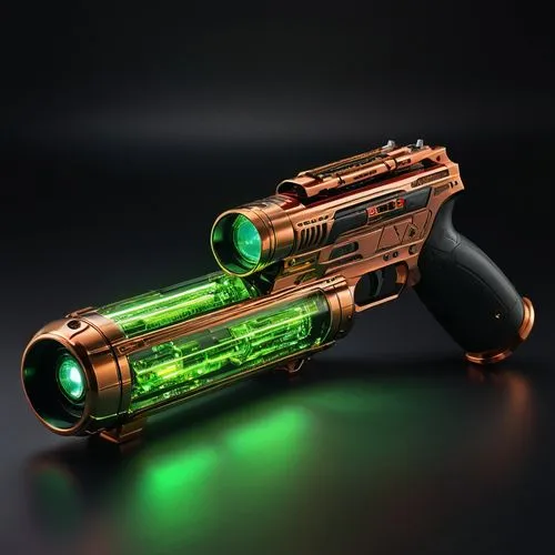 Photorealistic lifelike 4K. With many of its components made of (Obsidian) and Shown in its entirety in rifle-like configuration with sweeping overlapping components and multi-colored led lights with 