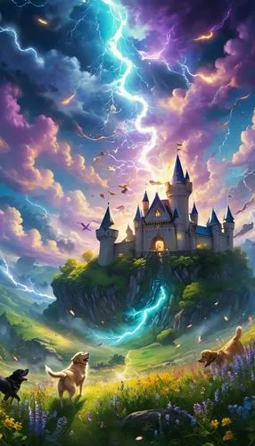 fantasy landscape,fantasy picture,purple landscape,fairy tale castle,mushroom landscape,unicorn background,Illustration,Japanese style,Japanese Style 19