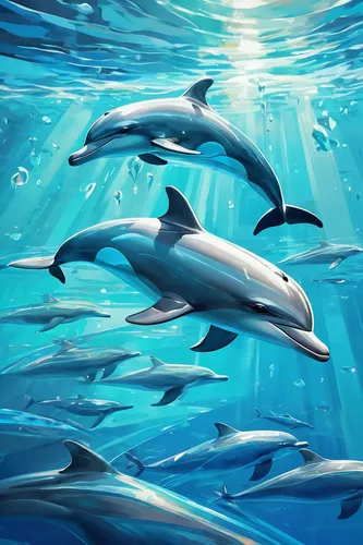 Write a peaceful moment of dolphins playing in the crystal clear water.,oceanic dolphins,bottlenose dolphins,common dolphins,dolphin background,dolphins in water,dolphins,two dolphins,bottlenose dolph