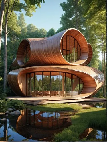 Architectural parametric pavilion made from wood and glass, with organic cavities, surrounded by a beautiful forest. Dramatic scene, photorealistic, hyperrealistic, raytracing reflections, 8k hd, intr