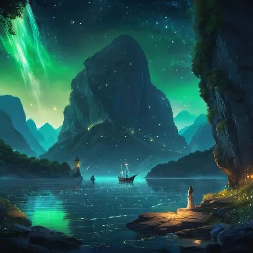 green aurora,fantasy landscape,fantasy picture,auroras,fjord,the northern lights,Conceptual Art,Fantasy,Fantasy 02