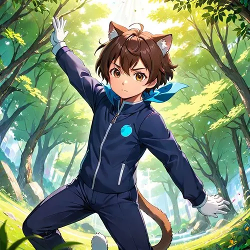 nepeta,nikko,cat ears,domestic short-haired cat,nyan,toori,forest background,miku maekawa,anime boy,leaf background,canis panther,kyi-leo,animal feline,panther,cat child,tracksuit,cat sparrow,uruburu,forest animal,mow,Anime,Anime,Traditional