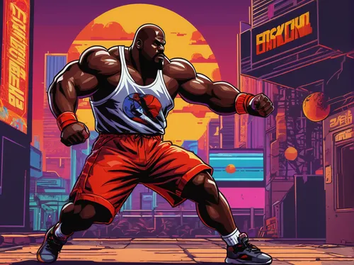 Shaq, muscular athlete, dynamic fighting pose, basketball shorts, red tank top, high-top sneakers, intense expression, martial arts action, fiery background, arcade style, pixel art texture, vibrant c