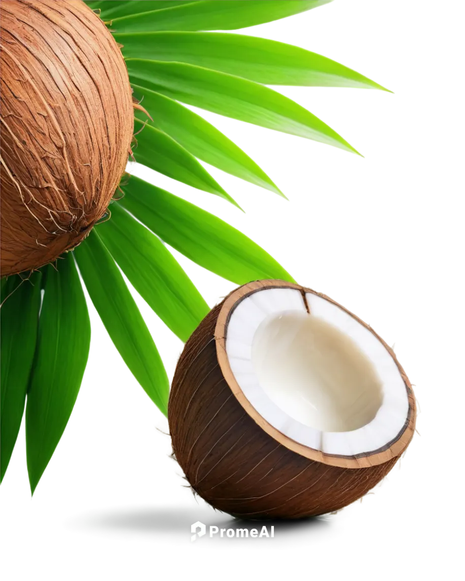 Coconut still life, solo, brown coconut skin, green leaves, tropical atmosphere, warm sunlight, shallow depth of field, 3/4 composition, soft focus, realistic texture, HDR, morning dew, close-up shot.