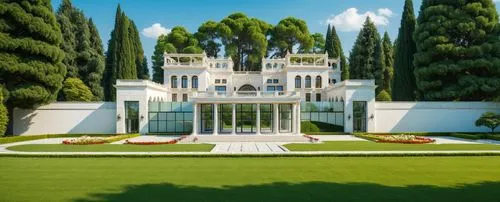 modern palace with marble and glass exterior in garden with trees an flowers all over and no curve or arch windowa,belvedere,palladianism,bahai,mansion,marble palace,istana,villa balbianello,luxury pr