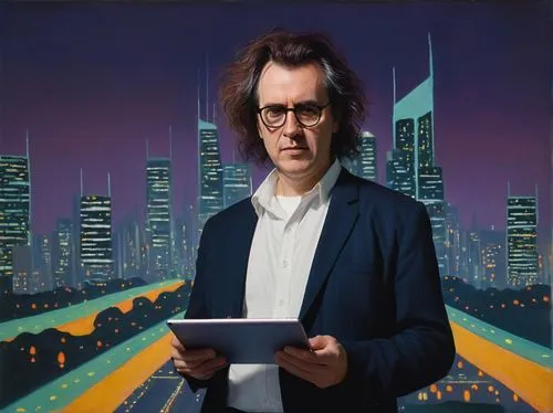 Middle-aged man, Robert Smith, AI researcher, bespectacled, messy brown hair, casual wear, white shirt, dark jeans, sneakers, holding a tablet, standing in front of a futuristic cityscape, skyscrapers