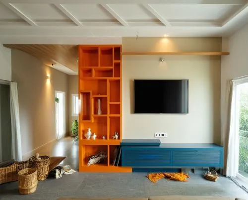 console and partition design,  add  tv with grey  textured paint to  wall in front, design a partition right next to the front wall, add console below the tv, blue is tv location, orange is porous par