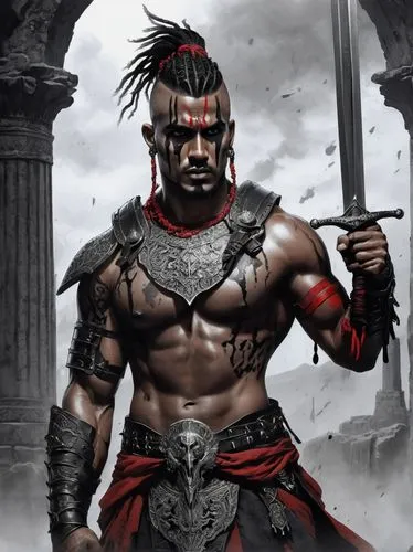 Sardaukar warrior, muscular man, armor, intricate details, silver accents, dark grey skin tone, intimidating gaze, sharp teeth, mohawk hairstyle, red and black war paint, leather straps, metal plates,