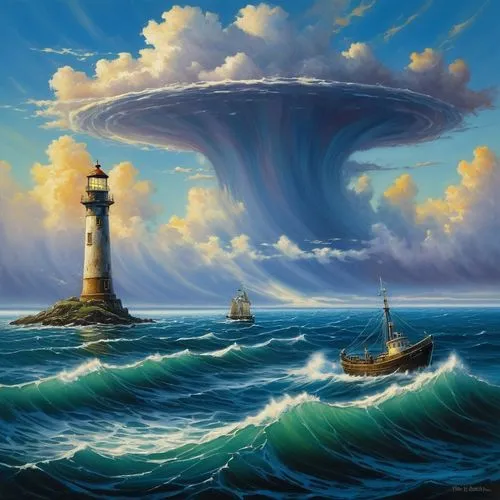 lighthouses,fantasy picture,lighthouse,sea fantasy,electric lighthouse,aivazovsky,Illustration,Realistic Fantasy,Realistic Fantasy 32