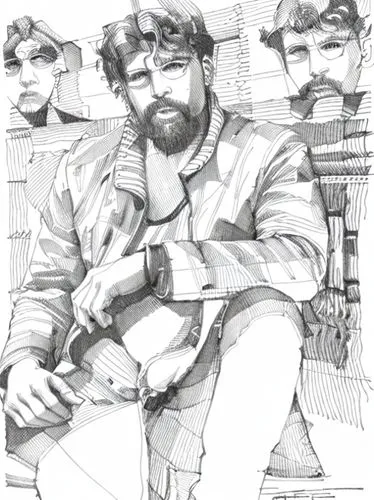 george lucas,fidel alejandro castro ruz,che,man on a bench,men sitting,sculptor ed elliott,guevara,hand-drawn illustration,male poses for drawing,self-portrait,camera illustration,digital photo,in sea