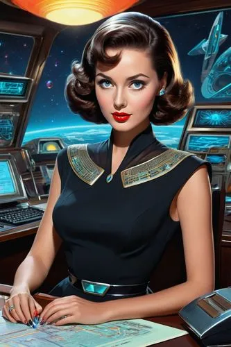 sci fiction illustration,tretchikoff,honorverse,jadzia,latinum,secretaria,cardassian-cruiser galor class,cryptographer,secretarial,art deco background,emshwiller,enterprise,game illustration,cryptologist,anchorwoman,roddenberry,switchboard operator,inanna,cosmographer,holobyte,Illustration,Retro,Retro 12