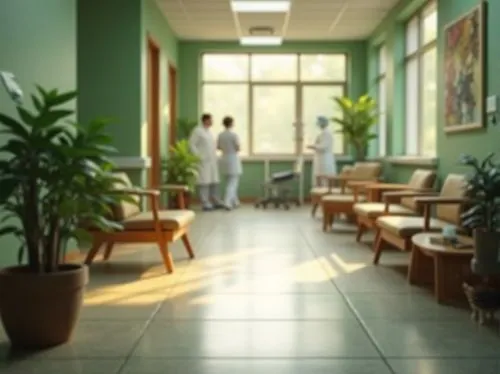 calm hospital interior, green walls, natural plants, wooden furniture, comfortable seating area, patients' relaxation zone, warm softbox lighting, gentle shadows, peaceful atmosphere, medical equipmen