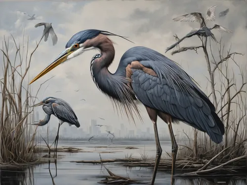 Tri-colored heron and a skimmer  is now part of the Odgen Museum of Southern Art in New Orleans, permanent collection.,spoon heron,herons,egretta novaehollandiae,great blue heron,bird painting,pacific