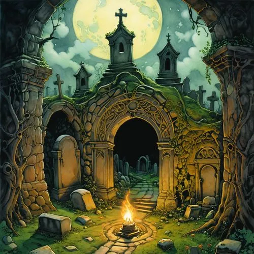 witch's house,old graveyard,necropolis,graveyards,crypt,cementerio,Illustration,Realistic Fantasy,Realistic Fantasy 04