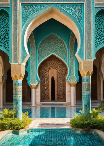 Timurid architecture, grand mosque, intricate Islamic patterns, ornate domes, minarets, arches, turquoise tiles, golden accents, vibrant ceramic work, majestic entrance, sprawling courtyard, lush gree