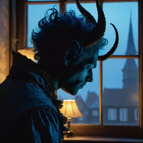 An androgynous demon with short horns and dressed in faded blue looks down at a window into a dark living room at night,a person with very long hair staring at soing,lubezki,vladislaus,kierkegaard,dev