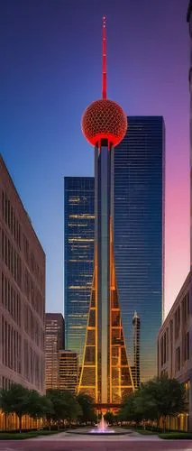 Dallas cityscape, modern skyscrapers, sleek glass and steel buildings, Reunion Tower's glowing ball, sunset reflecting off windows, bustling downtown streets, people walking in business attire, trees 