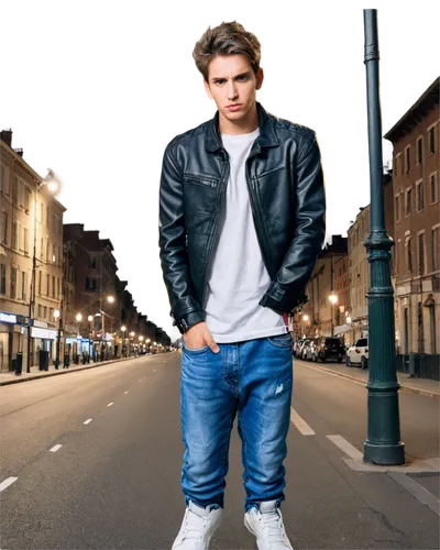 Hater, grumpy face, furrowed eyebrows, messy hair, casual wear, ripped jeans, black leather jacket, white sneakers, standing with crossed arms, city streets, evening scene, streetlights, realistic tex