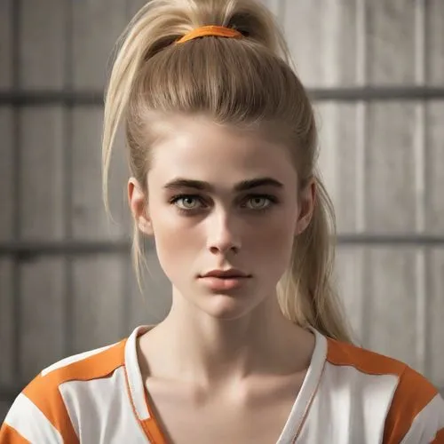 orange,blonde girl,bun,blonde woman,blond girl,clementine,daphne,cheerleader,piper,pompadour,polo shirt,portrait of a girl,orange color,sports girl,female model,basketball player,greta oto,young woman,sports uniform,realdoll,Photography,Natural