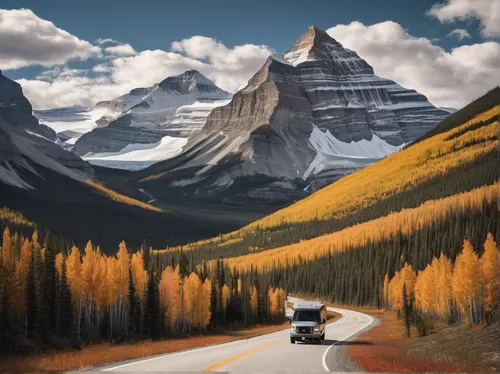 Transport yourself to the tranquility of Icefields Parkway during a peaceful autumn afternoon.,icefields parkway,icefield parkway,mount robson,mountain highway,canadian rockies,mountain pass,alberta,m