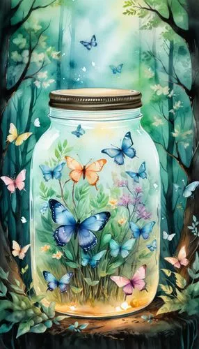 A jar filled with glowing flora and pastel butterflies that sits beside a tree in a forest,glass jar,honey jar,empty jar,honey jars,jar,fairy lanterns,tea jar,candy jars,mason jar,watercolor backgroun