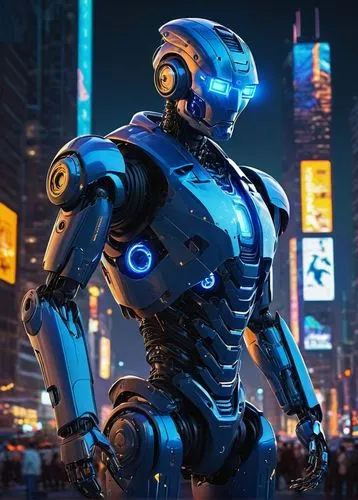 Digital illustration, futuristic AI robot, glowing blue circuits, metallic body, LED eyes, advanced mechanical limbs, dynamic pose, cityscape background, neon lights, towering skyscrapers, busy street