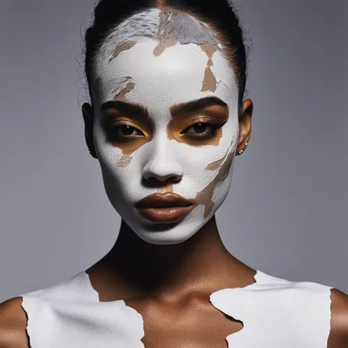 Create a poem that captures the strength and resilience of a model with vitiligo as they confidently strut the runway.,beauty mask,masque,face paint,beauty face skin,face mask,natural cosmetics,aborig