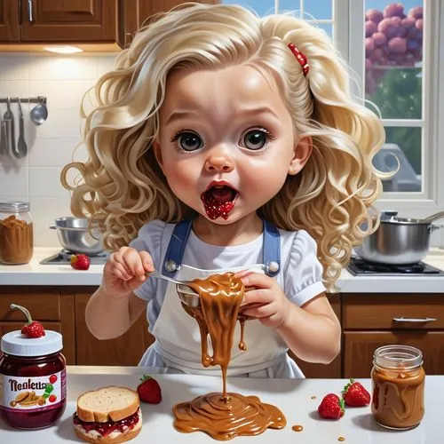 girl in the kitchen,confectioner,dulce de leche,confection,cooking chocolate,chocolate sauce,chocolate syrup,baby playing with food,chocolate pudding,cute cartoon image,doll kitchen,gingerbread girl,chocolatier,sweet food,chopped chocolate,babycino,diabetes with toddler,the level of sugar in the blood,oil painting on canvas,mess in the kitchen,Photography,General,Realistic