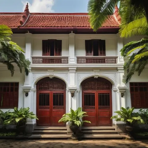 Jakarta Dutch colonial architecture, grandeur building, intricate ornaments, white walls, red-tiled roofs, wooden shutters, large windows, ornate doors, vintage lanterns, lush greenery, tropical trees