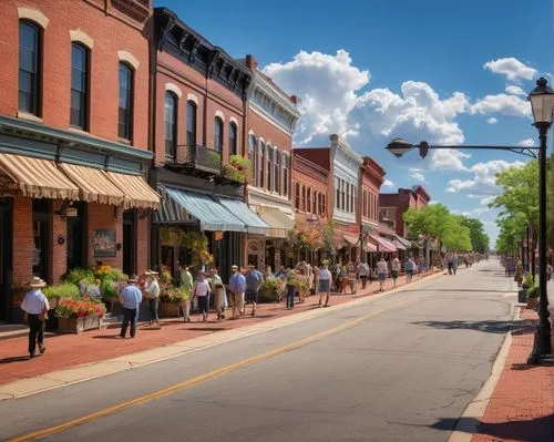 Main Street, charming small town, early 20th century American architecture, brick buildings, ornate facades, vintage street lamps, flower-filled planters, bustling sidewalks, people walking, shopping,