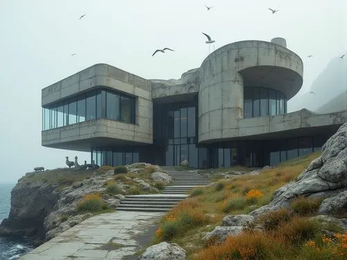 dunes house,snohetta,malaparte,house of the sea,subantarctic,render,cliffside,cubic house,finisterre,clifftop,renders,graecorum,lair,brutalism,cliff top,zumthor,sumapaz,flock house,south stack,siza,Photography,General,Realistic